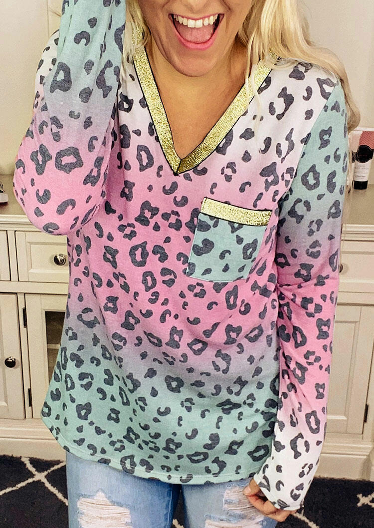 

Gradient Leopard Glitter Splicing Pocket Blouse, Multicolor, 485841