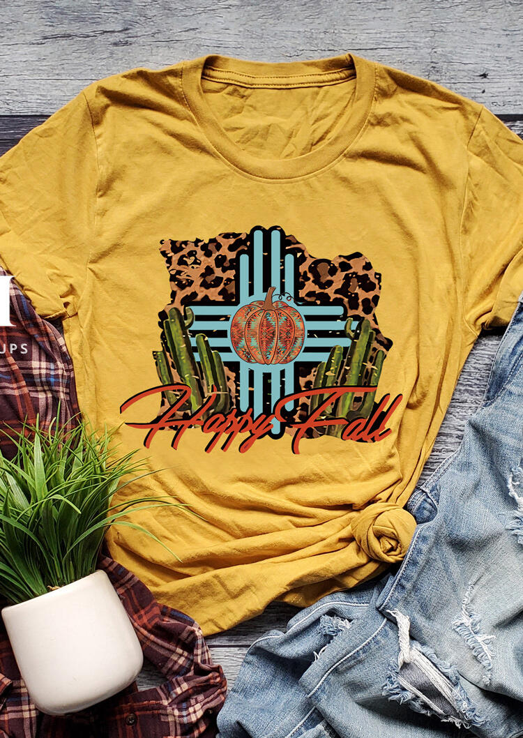 

Tees T-shirts Leopard Cactus Aztec Pumpkin Cross Happy Fall T-Shirt Tee in Yellow. Size: ,M
