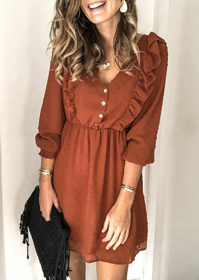 

Ruffled Button Elastic Cuff Mini Dress - Brown, 485853