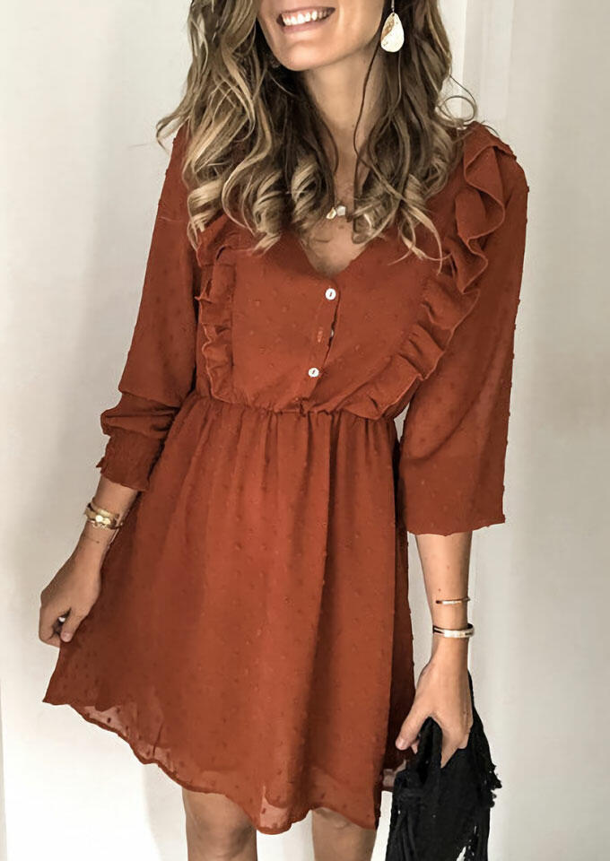 

Mini Dresses Ruffled Button Elastic Cuff Mini Dress in Brown. Size