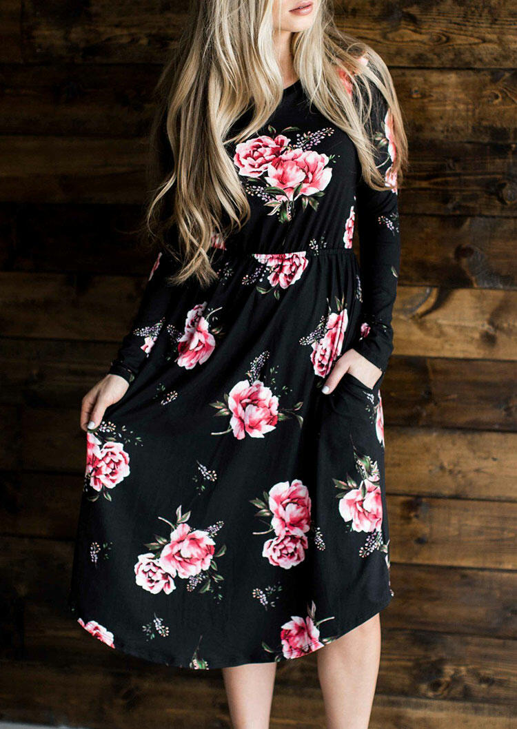 

Floral Ruffled Pocket Long Sleeve Casual Dress - Black, 485854