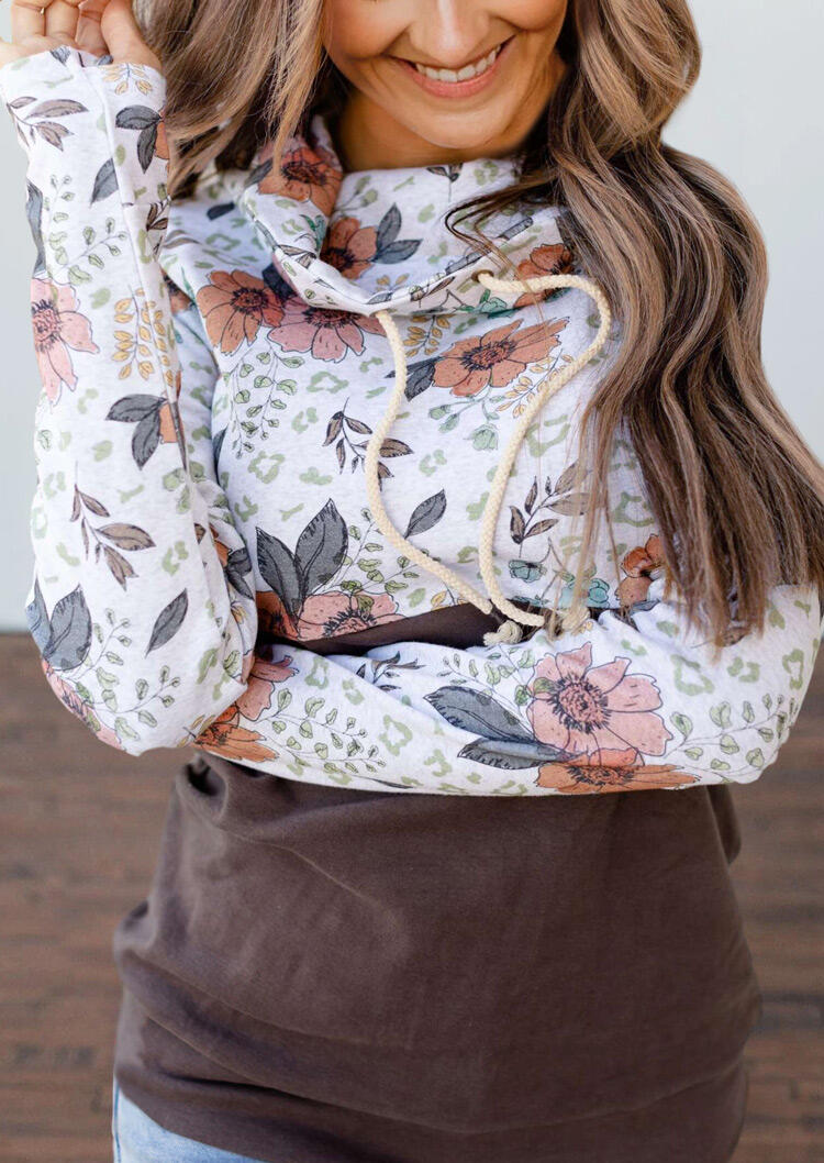 

Sweatshirts Floral Splicing Drawstring Cowl Neck Pullover Sweatshirt in Multicolor. Size