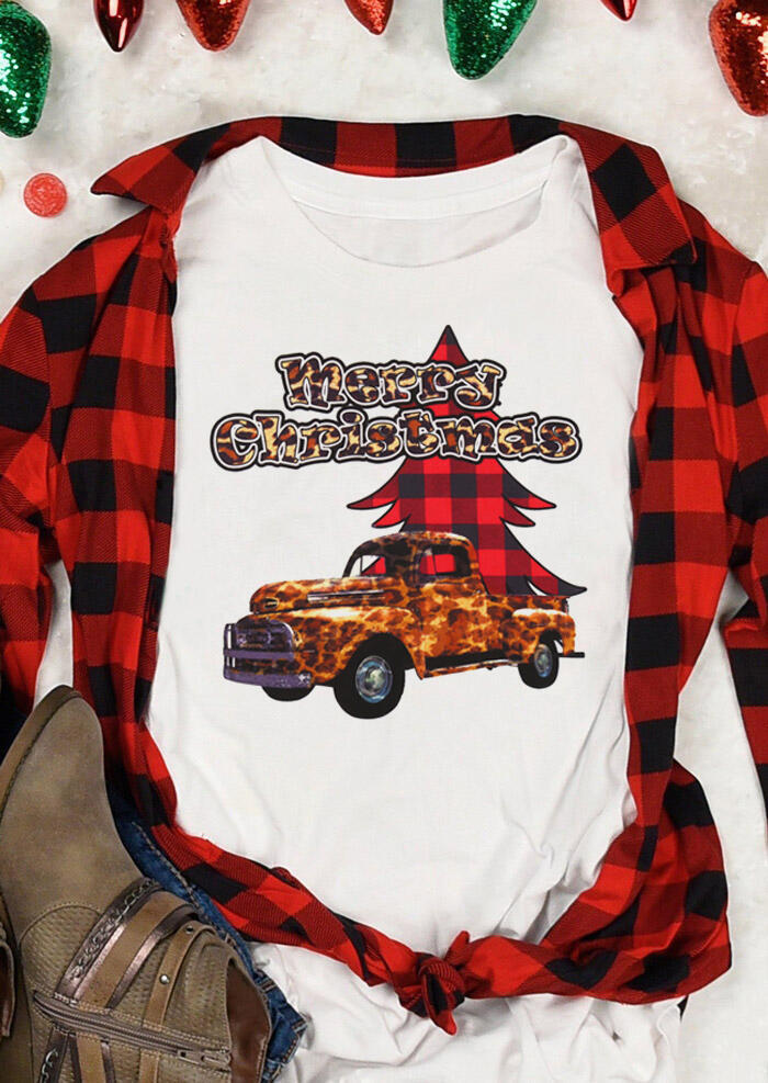 

Merry Christmas Leopard Truck Buffalo Plaid Tree T-Shirt Tee - White, 485869