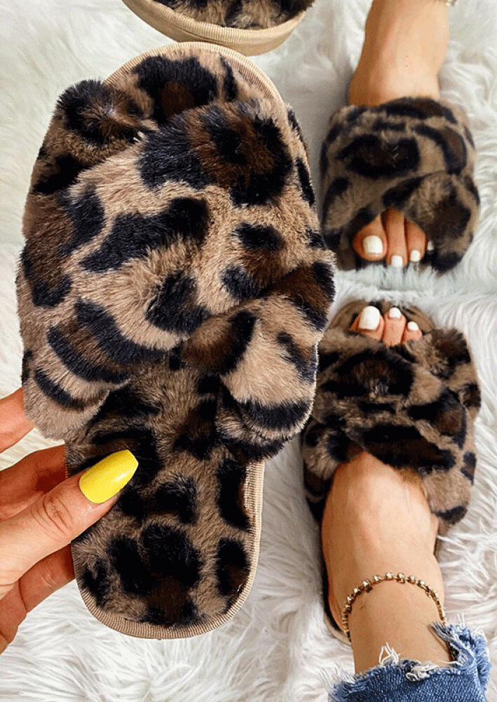 

Leopard Cross Band Plush Warm Flat Slippers, 485901