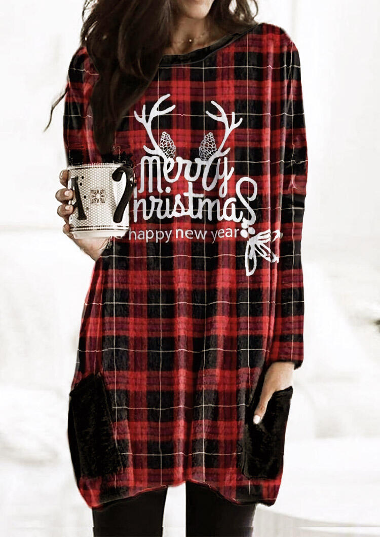 

Merry Christmas Happy New Year Plaid Pocket Mini Dress, 485620