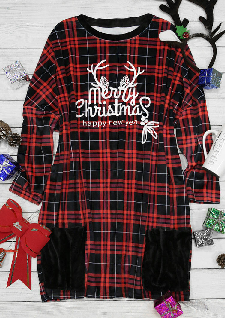 

Mini Dresses Merry Christmas Happy New Year Plaid Pocket Mini Dress in Plaid. Size: ,M,L,XL