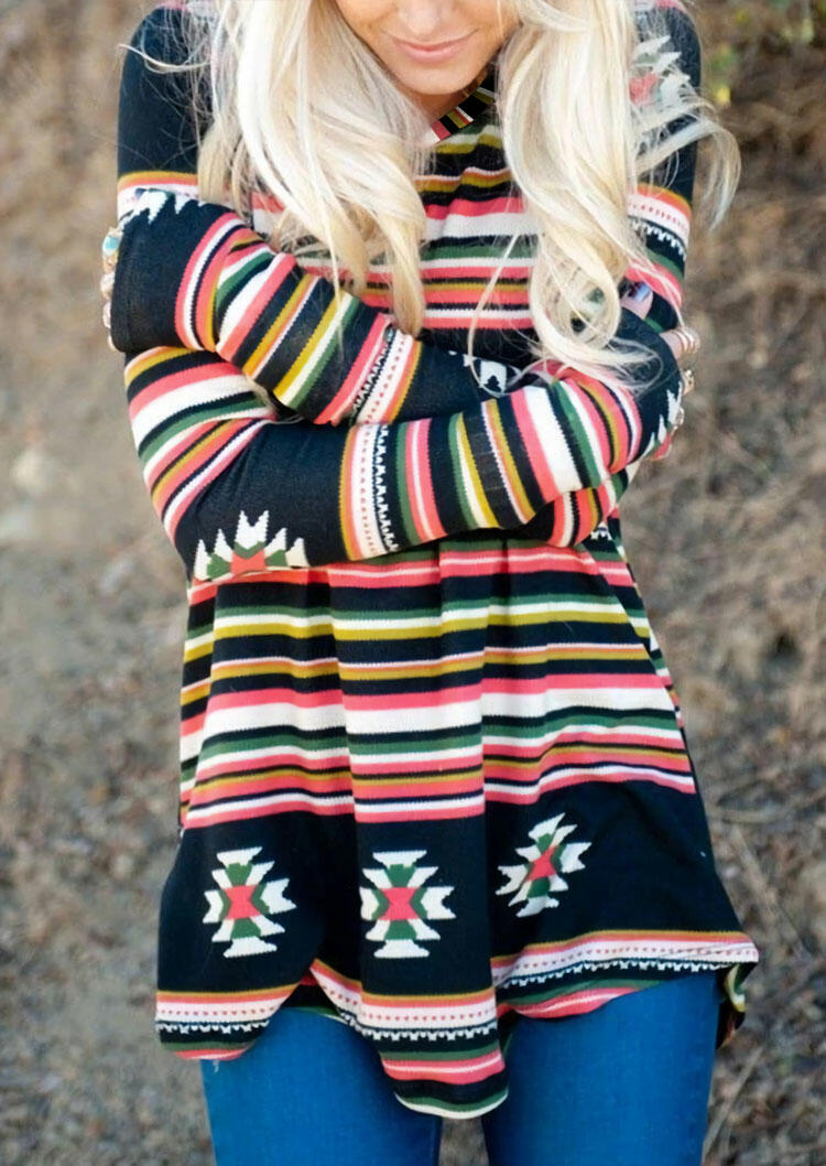 

Blouses Aztec Geometric Serape Striped Long Sleeve Blouse in Multicolor. Size: ,M