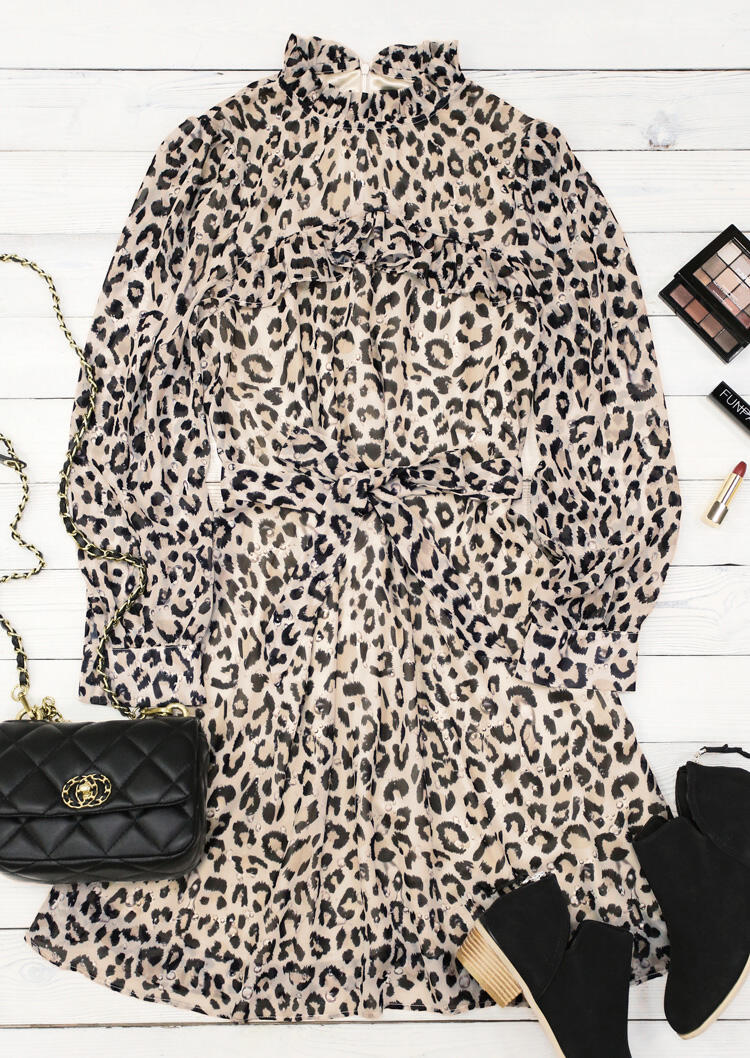 

Mini Dresses Leopard Ruffled Zipper Lantern Sleeve Mini Dress in Leopard. Size: ,XL