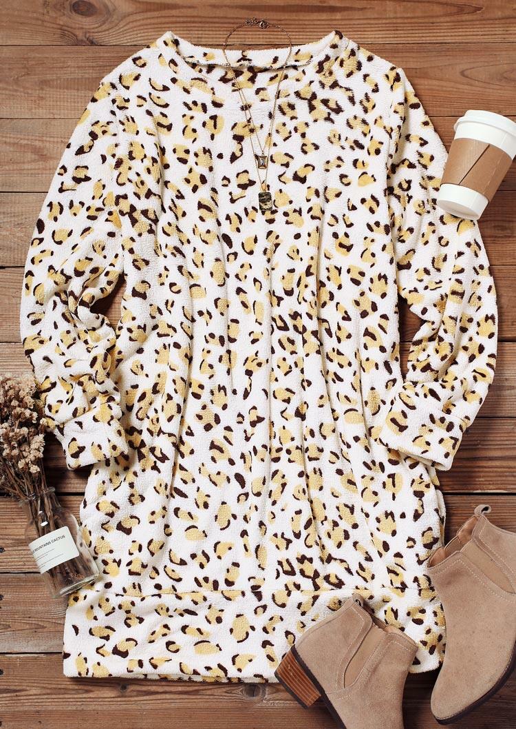 

Mini Dresses Leopard Pockect Long Sleeve Warm Plush Mini Dress in Leopard. Size: ,L