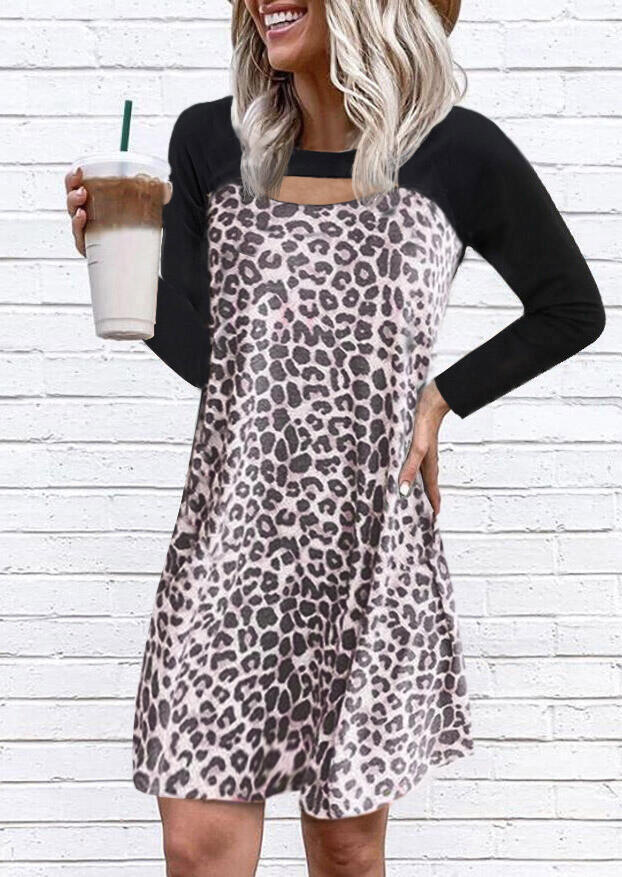 

Mini Dresses Leopard Splicing Cut Out Long Sleeve Mini Dress in Leopard. Size