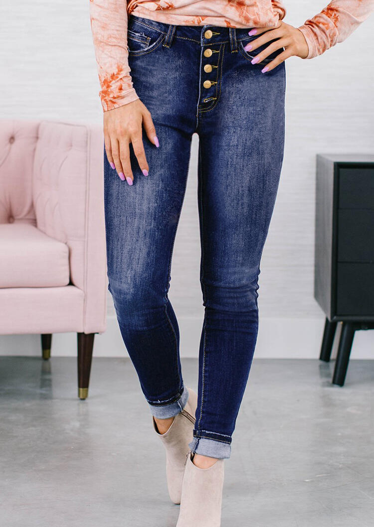 

Pocket Button High Waist Denim Pants - Blue, 485900