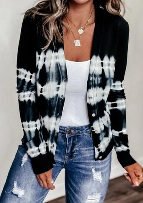 

Cardigans Gradient Tie Dye Button Long Sleeve Cardigan in Black. Size