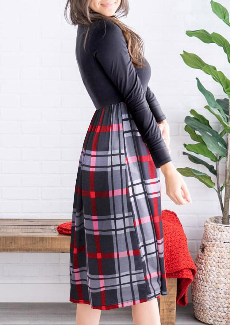 

Midi Dresses Plaid Splicing Long Sleeve O-Neck Midi Dress in Black. Size: ,XL