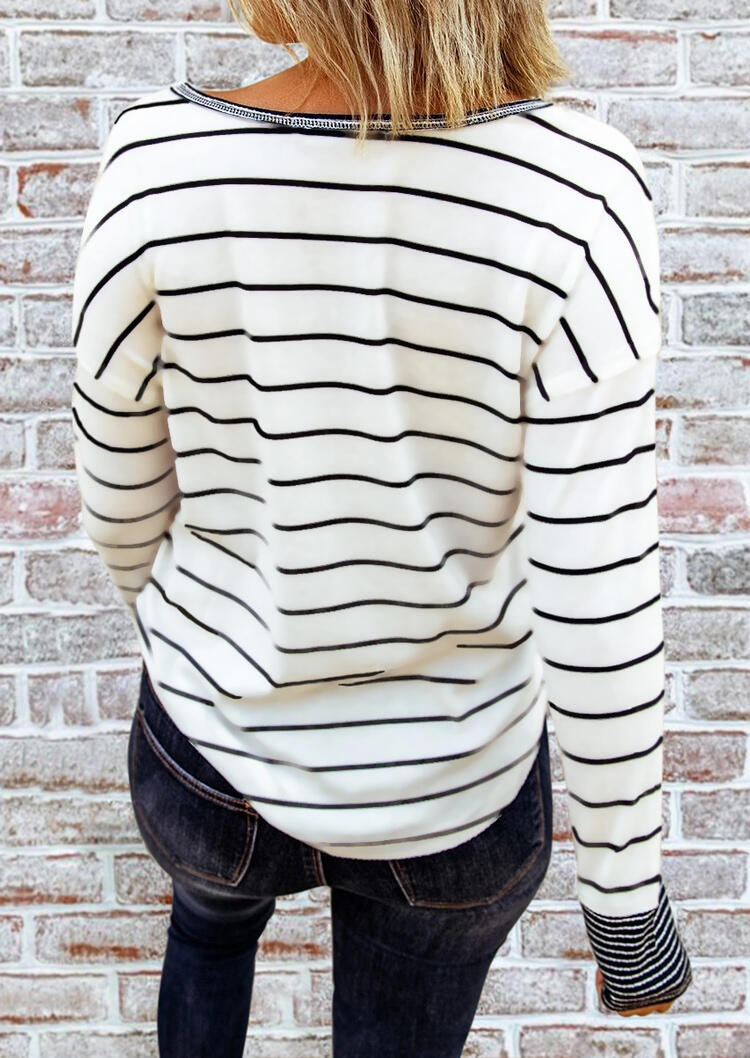 Blouses Striped Splicing Button Long Sleeve Blouse in White. Size: L,M,S,XL