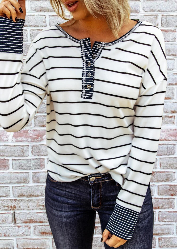 Striped Splicing Button Long Sleeve Blouse - White