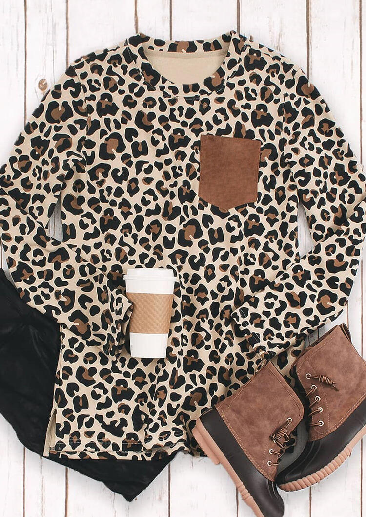 

Blouses Leopard Splicing Pocket Slit Long Sleeve Blouse in Leopard. Size