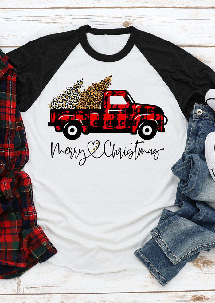 Merry Christmas Leopard Tree Buffalo Plaid Truck T-Shirt Tee - White