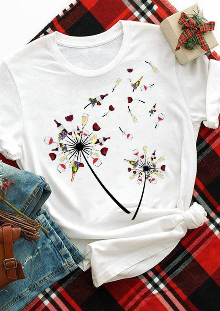 

Tees T-shirts Wine Dandelion O-Neck T-Shirt Tee in White. Size