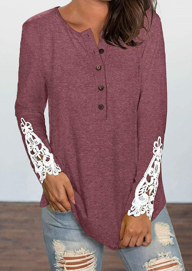 Lace Splicing Button V-Neck Long Sleeve Blouse - Plum