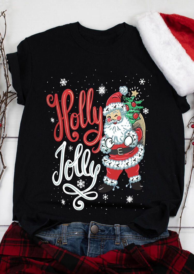 

Christmas Holly Jolly Santa Claus Snowflake T-Shirt Tee - Black, 485845