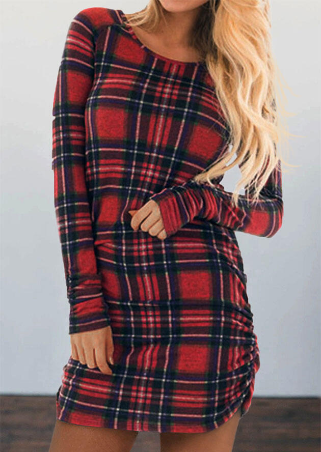 

Plaid Ruched Long Sleeve Bodycon Dress, 485912