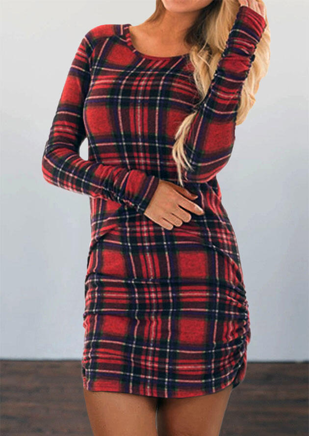 

Bodycon Dresses Plaid Ruched Long Sleeve Bodycon Dress in Plaid. Size