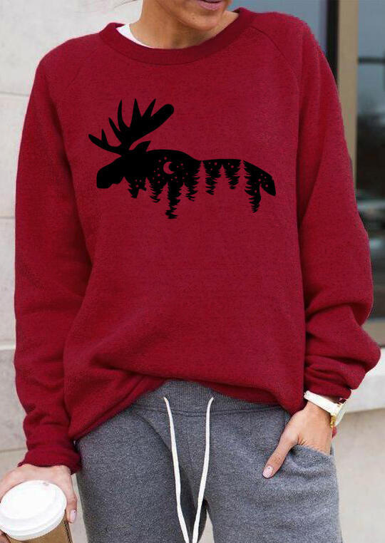 

Sweatshirts Christmas Moose Long Sleeve Pullover Sweatshirt in Burgundy. Size
