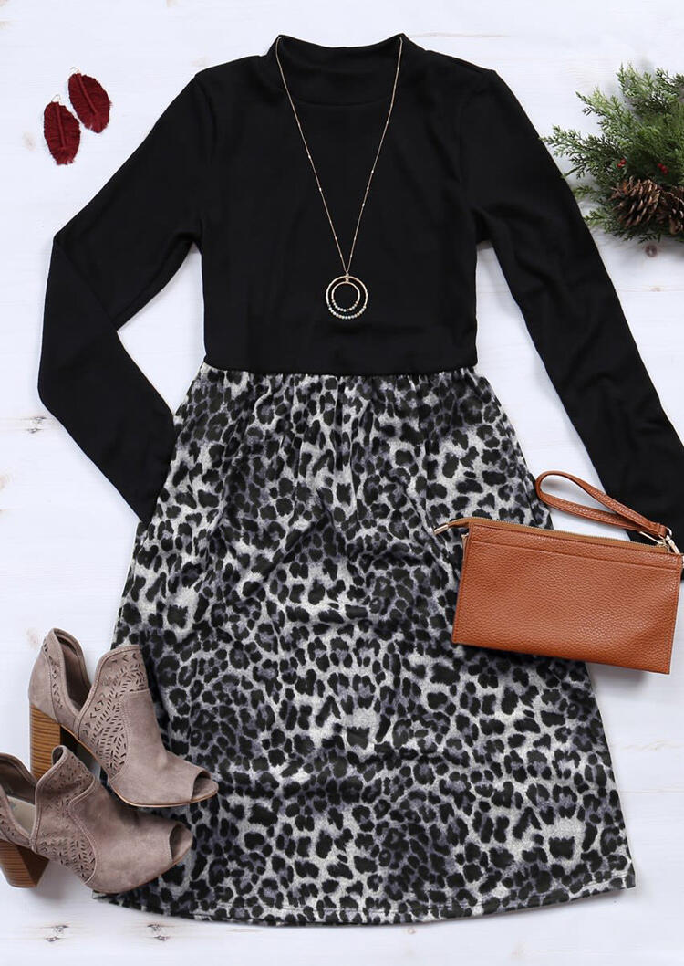 

Leopard Splicing Pocket Long Sleeve Mini Dress - Black, 485964