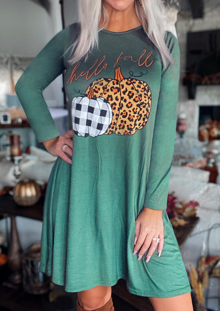 

Leopard Plaid Pumpkin Hello Fall Mini Dress - Green, 485968