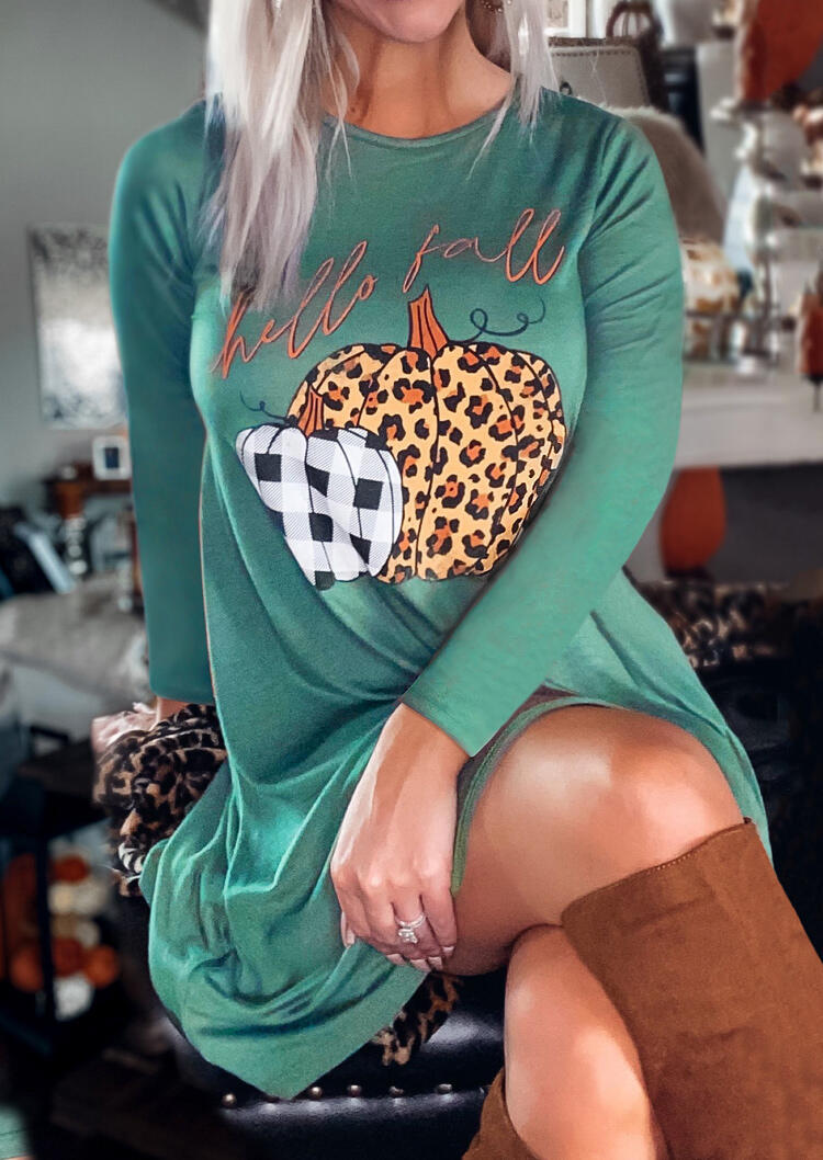 Leopard Plaid Pumpkin Hello Fall Mini Dress - Green