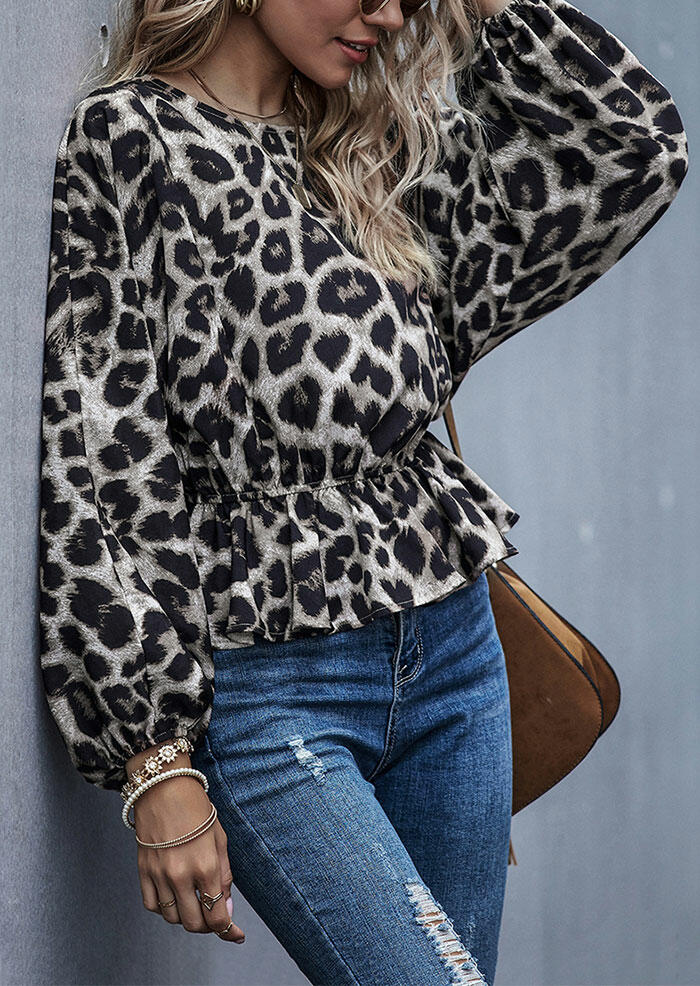 

Leopard Ruffled Elastic Waist Hollow Out Button Blouse, 485987
