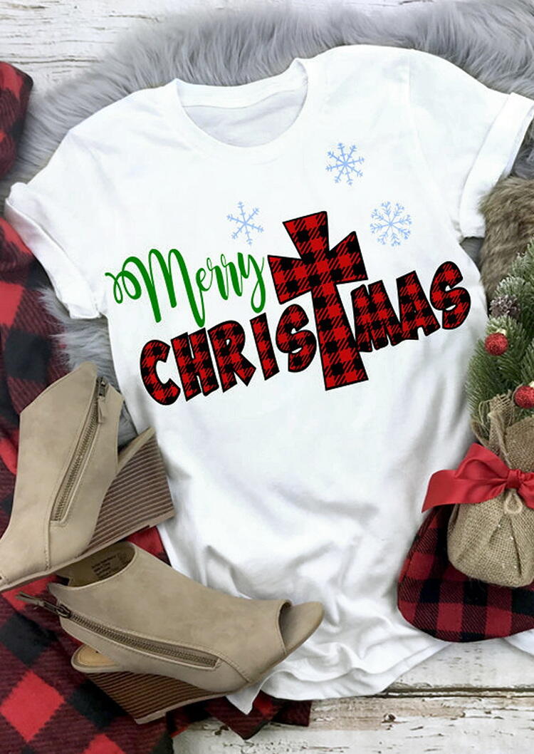 

Merry Christmas Snowflake Buffalo Plaid T-Shirt Tee - White, 485989