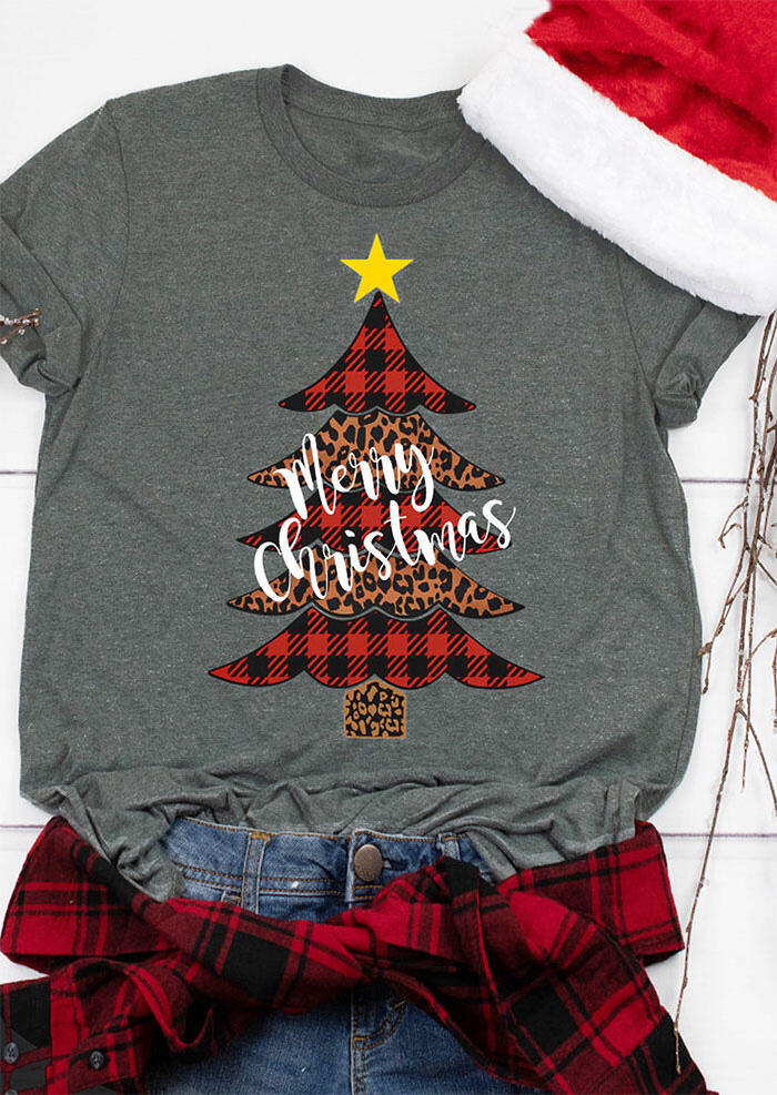 Merry Christmas Plaid Leopard Star Tree T-Shirt Tee - Dark Grey
