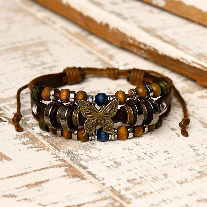 

Bracelet Vintage Beading Butterfly Multi-Layered Adjustable Braided Bracelet in Dark Brown. Size