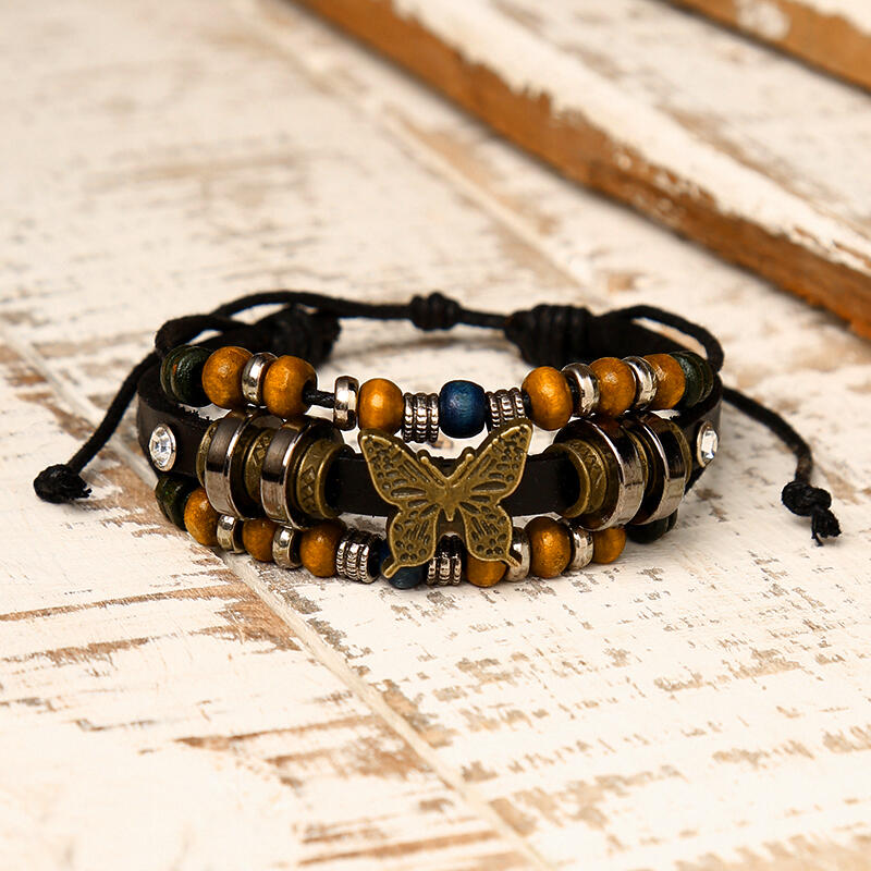 Vintage Beading Butterfly Multi-Layered Adjustable Braided Bracelet