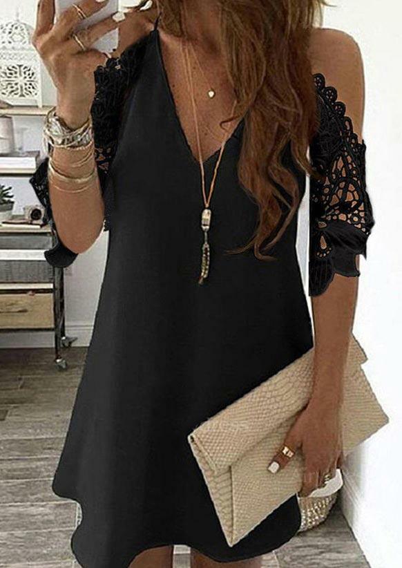 

Mini Dresses Lace Splicing V-Neck Cold Shoulder Mini Dress in Black. Size