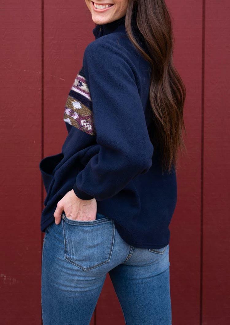 

Blouses Aztec Geometric Kangaroo Pocket Snap Button Blouse in Navy Blue. Size: ,L,XL