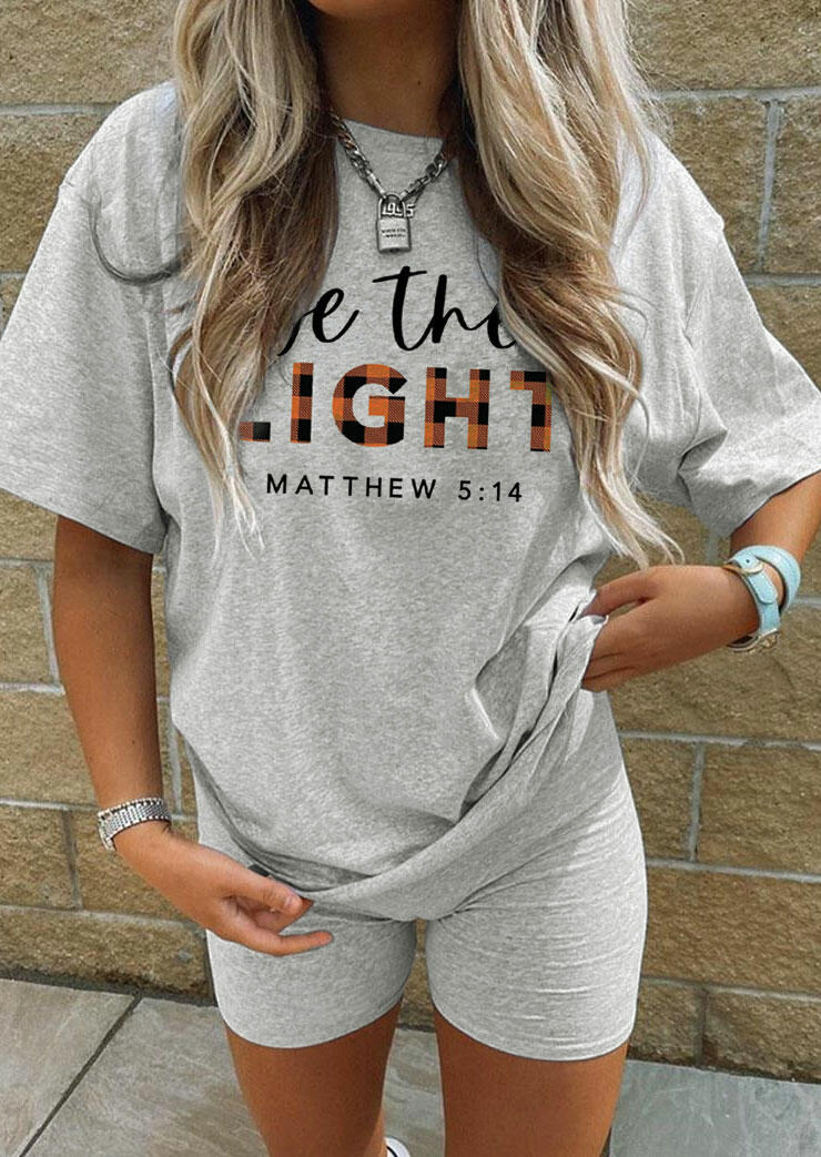 

Activewear Plaid Be The Light T-Shirt Tee And Shorts Sports Activewear Set in Light Grey. Size: S,M,,XL