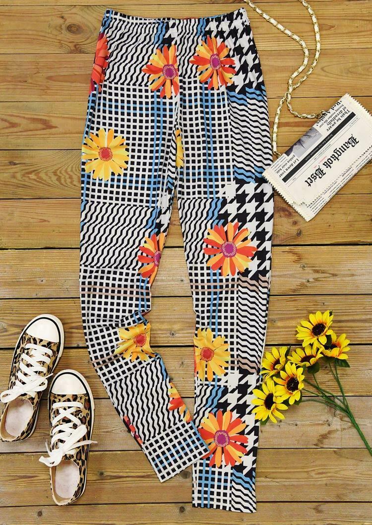 

Leggings Plaid Houndstooth Sunflower Elastic Waist Leggings in Multicolor. Size: ,M,L