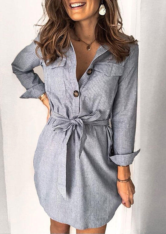Striped Pocket Tie Turn-Down Collar Mini Dress - Gray