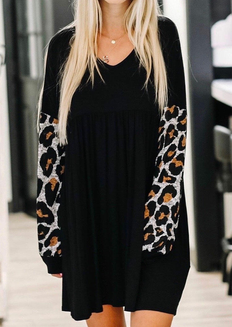 Leopard Splicing Ruffled Long Sleeve Mini Dress - Black