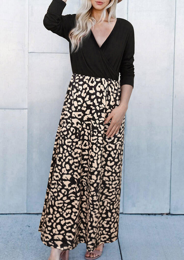 

Maxi Dresses Leopard Splicing Long Sleeve V-Neck Maxi Dress in Black. Size