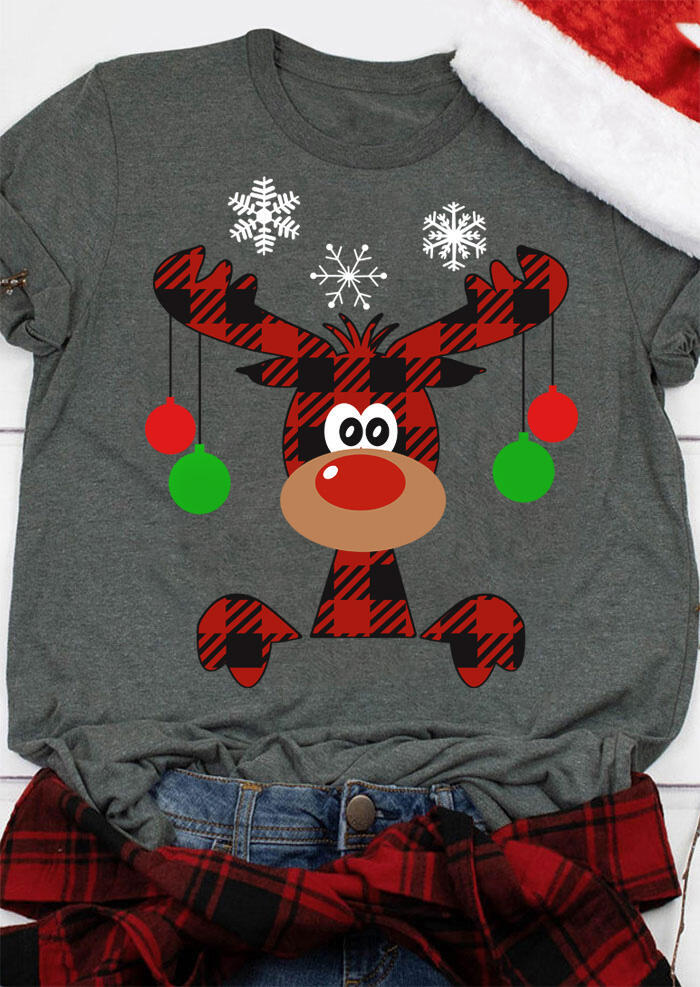 Christmas Plaid Reindeer Snowflake T-Shirt Tee - Dark Grey