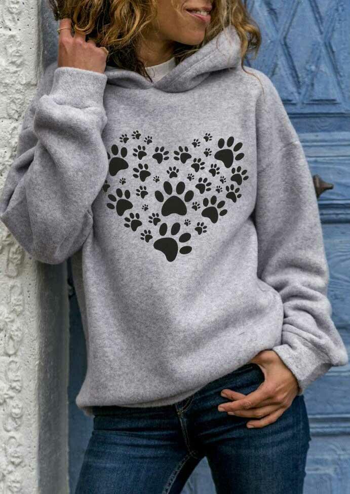 

Hoodies Dog Paw Love Heart Long Sleeve Pullover Hoodie in Gray. Size