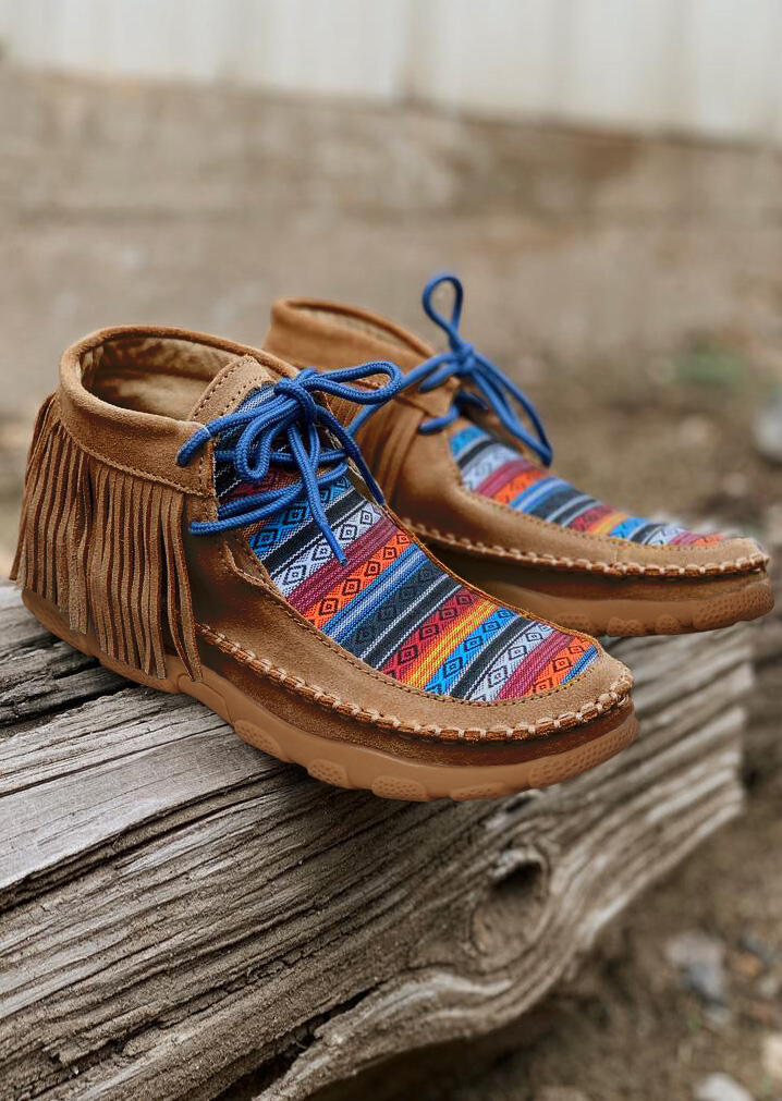

Boots Serape Striped Geometric Tassel Western Flat Boots in Light Coffee. Size