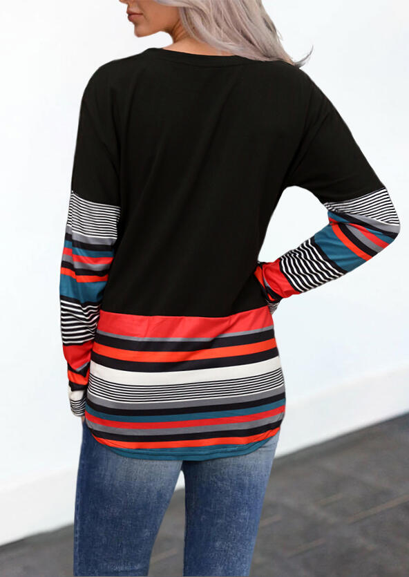 

Blouses Colorful Striped Splicing Long Sleeve Asymmetric Blouse in Black. Size