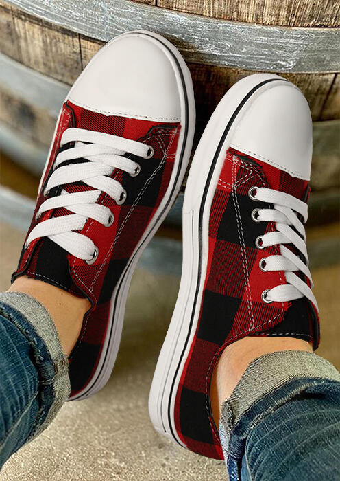 

Buffalo Plaid Lace Up Flat Canvas Sneakers - Red, 486068