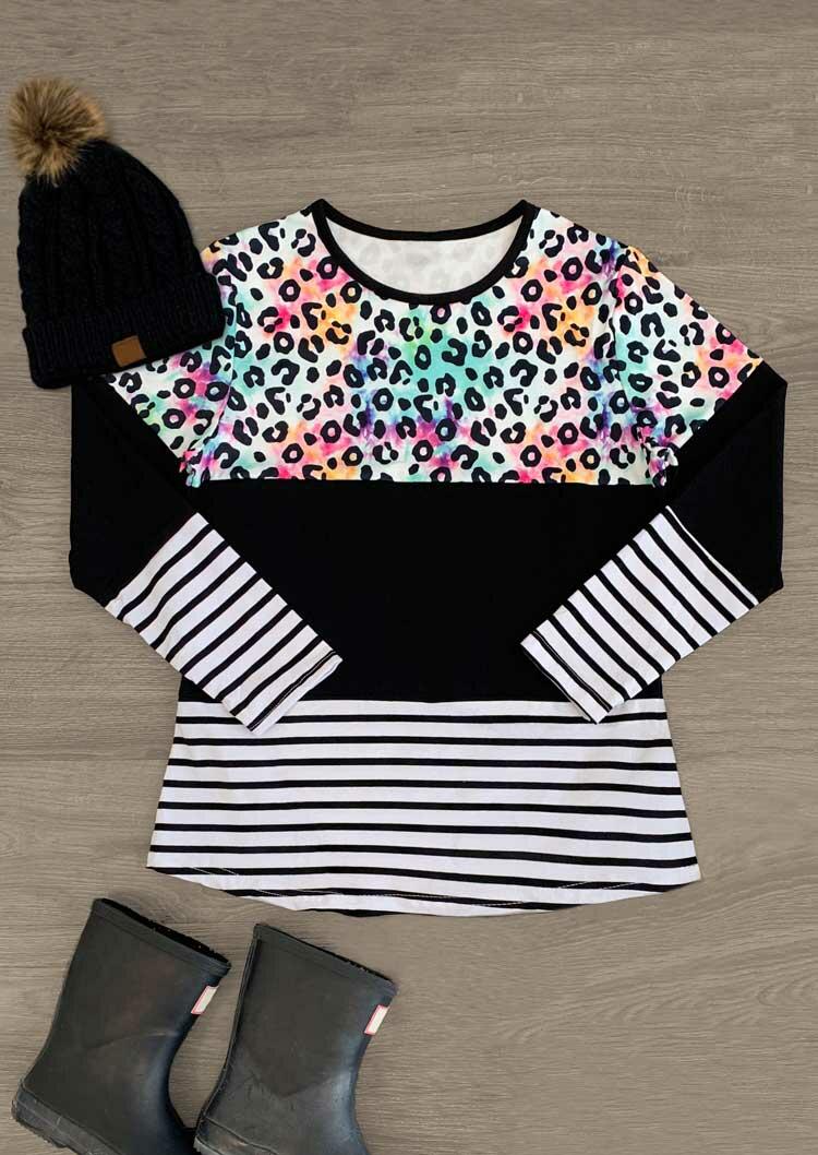 

Colorful Leopard Striped Splicing O-Neck Blouse, Multicolor, 486086
