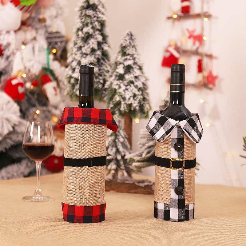 Christmas Decoration Christmas Linen Plaid Splicing Wine Bottle Bag in Gray,Red. Size: One Size