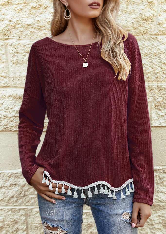 Tassel Splicing Long Sleeve Knitted Blouse - Burgundy